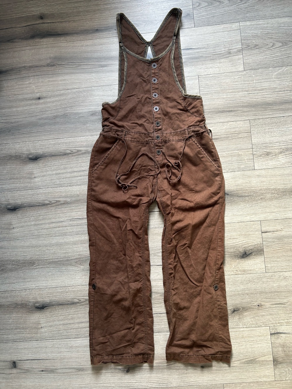 Free People Deep Trance Overalls Brown Sugar Cotton Wide Leg Boho Chic Size 4 - Picture 2 of 10